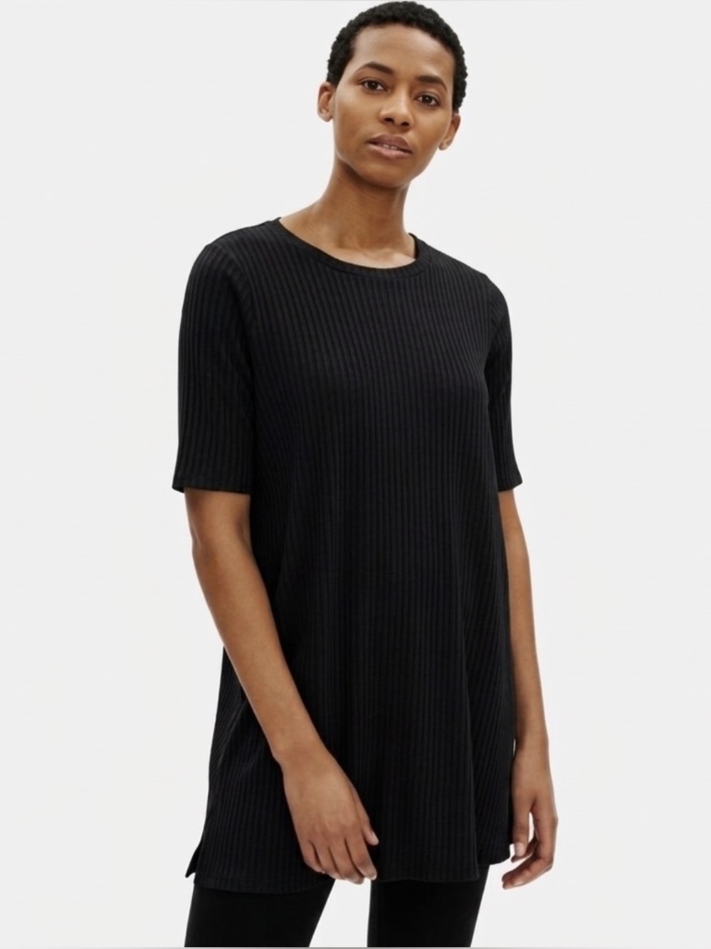 Eileen Fisher Tencel Ribbed Short Sleeve Tunic in Black Women’s Small
